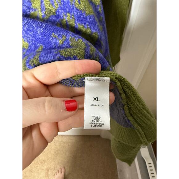 LOGO Lori Goldstein Green Blue Ornate Argyle Knit Side Slit Flowy Sweater XL - Picture 6 of 9